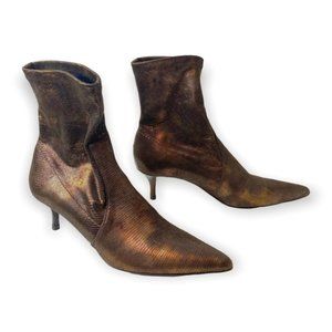 Donald J Pliner Metallic Bronze Lizard Print Pointy Pull On Ankle Boots